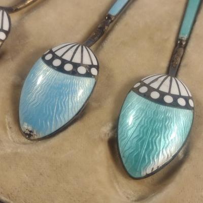 Antique Viking Enamel Over Sterling Silver Demitasse Six Piece Spoon Set with Case