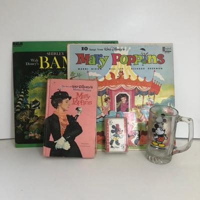 LOT 5A: Vintage Disney Collection - Mary Poppins Record & Book, Bambi Record, Mickey Mouse Glass Mug & More