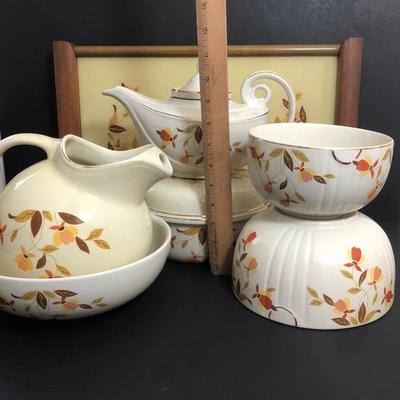 LOT 9A: Vintage Hall Jewel Tea Autumn Leaf Collection - Teapot w/ Strainer, Ball Pitcher, Bowls & Wooden Tray
