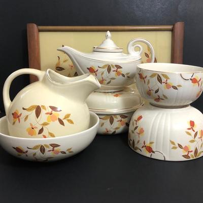 LOT 9A: Vintage Hall Jewel Tea Autumn Leaf Collection - Teapot w/ Strainer, Ball Pitcher, Bowls & Wooden Tray