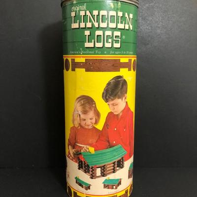 LOT 12A: Vintage Red Metal Cash Register, Vintage Lincoln Logs Tube w/ Wooden Pieces & Variety of Small Plastic Toys