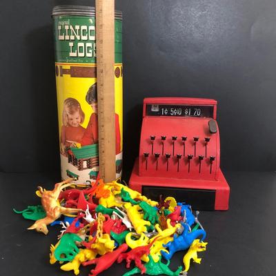 LOT 12A: Vintage Red Metal Cash Register, Vintage Lincoln Logs Tube w/ Wooden Pieces & Variety of Small Plastic Toys