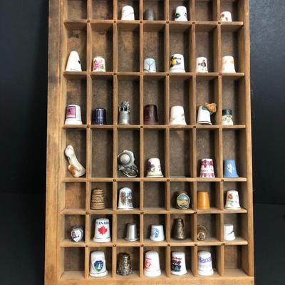 LOT 19A: Vintage Thimble Collection in Wood Display Case - Wedgewood, Norman Rockwell & More