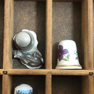 LOT 19A: Vintage Thimble Collection in Wood Display Case - Wedgewood, Norman Rockwell & More