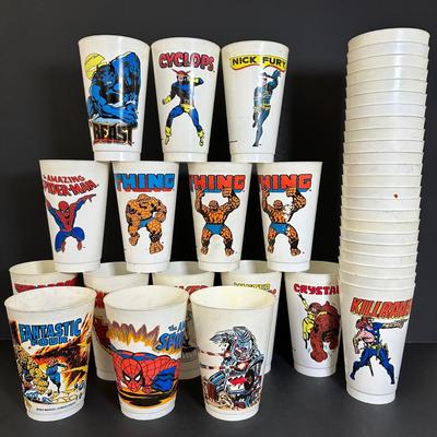 LOT 70A: Vintage 7/11 Slurpee Cup Marvel Comics Collection - Spider-Man, X Men, Fantastic 4 & More
