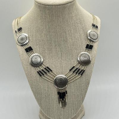 LOT 191J: Native American Sterling Silver and Onyx Jewelry Set - 23â€ Necklace and Matching Earrings
