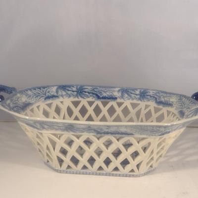 Antique Early 19th Century English Blue and White Davenport Ceramic Pierced Chestnut Basket and Underplate