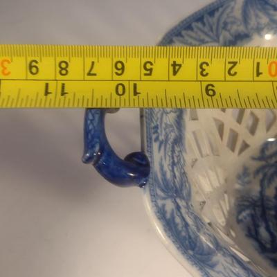 Antique Early 19th Century English Blue and White Davenport Ceramic Pierced Chestnut Basket and Underplate