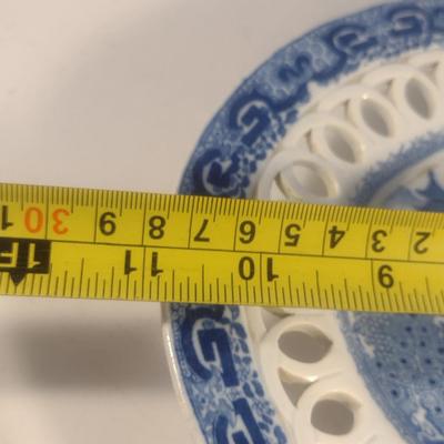 Antique Early 19th Century English Blue and White Davenport Ceramic Pierced Chestnut Basket and Underplate