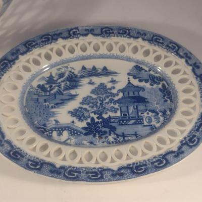 Antique Early 19th Century English Blue and White Davenport Ceramic Pierced Chestnut Basket and Underplate