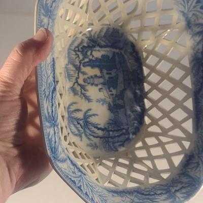 Antique Early 19th Century English Blue and White Davenport Ceramic Pierced Chestnut Basket and Underplate