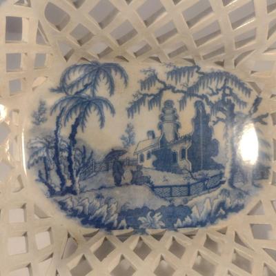 Antique Early 19th Century English Blue and White Davenport Ceramic Pierced Chestnut Basket and Underplate
