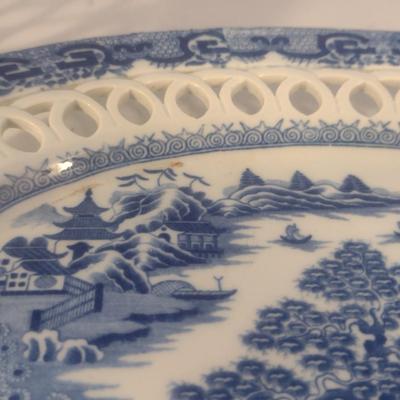 Antique Early 19th Century English Blue and White Davenport Ceramic Pierced Chestnut Basket and Underplate