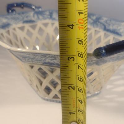 Antique Early 19th Century English Blue and White Davenport Ceramic Pierced Chestnut Basket and Underplate