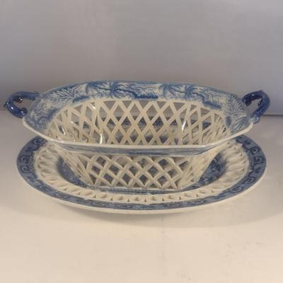 Antique Early 19th Century English Blue and White Davenport Ceramic Pierced Chestnut Basket and Underplate