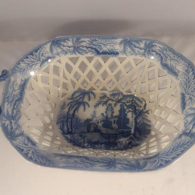 Antique Early 19th Century English Blue and White Davenport Ceramic Pierced Chestnut Basket and Underplate