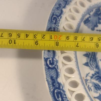 Antique Early 19th Century English Blue and White Davenport Ceramic Pierced Chestnut Basket and Underplate