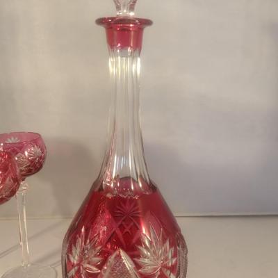 Red and Clear Bohemia Crystal Cut Glass Decanter with Six Stemmed Goblets