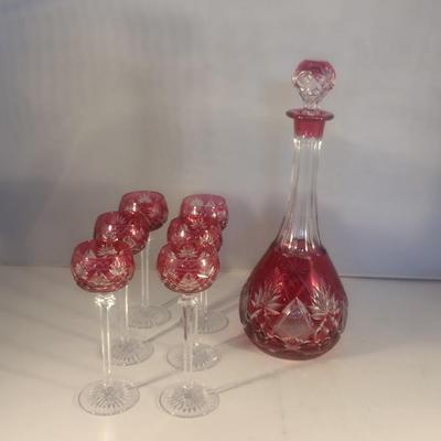 Red and Clear Bohemia Crystal Cut Glass Decanter with Six Stemmed Goblets