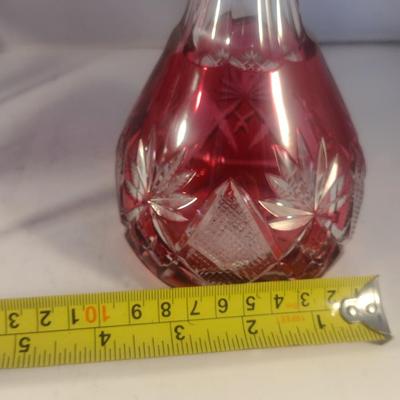 Red and Clear Bohemia Crystal Cut Glass Decanter with Six Stemmed Goblets