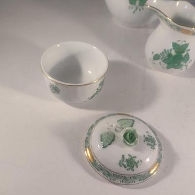 Herend Hand-Painted Porcelain Green Chinese Bouquet Three Piece Tea Set include Teapot, Sugar Bowl and Creamer