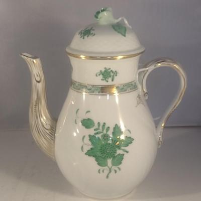 Herend Hand-Painted Porcelain Green Chinese Bouquet Three Piece Tea Set include Teapot, Sugar Bowl and Creamer