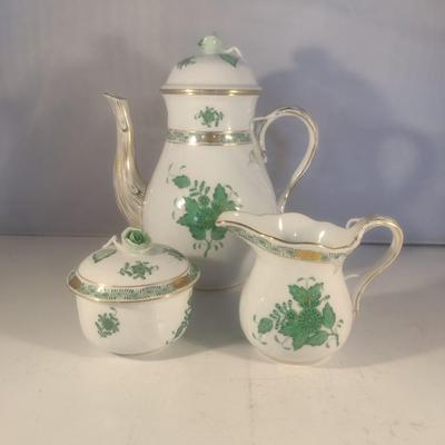 Herend Hand-Painted Porcelain Green Chinese Bouquet Three Piece Tea Set include Teapot, Sugar Bowl and Creamer