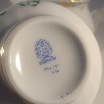 Herend Hand-Painted Porcelain Green Chinese Bouquet Three Piece Tea Set include Teapot, Sugar Bowl and Creamer