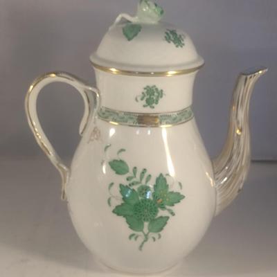 Herend Hand-Painted Porcelain Green Chinese Bouquet Three Piece Tea Set include Teapot, Sugar Bowl and Creamer