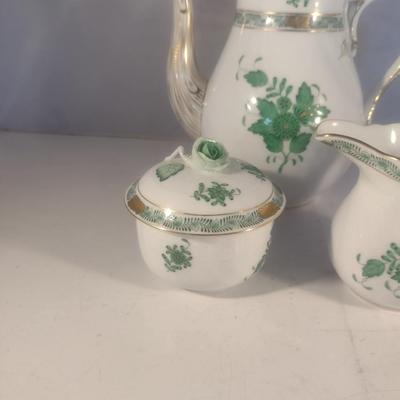 Herend Hand-Painted Porcelain Green Chinese Bouquet Three Piece Tea Set include Teapot, Sugar Bowl and Creamer