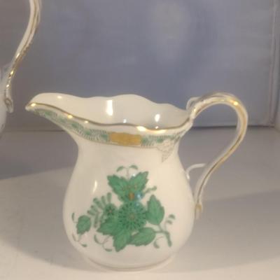 Herend Hand-Painted Porcelain Green Chinese Bouquet Three Piece Tea Set include Teapot, Sugar Bowl and Creamer