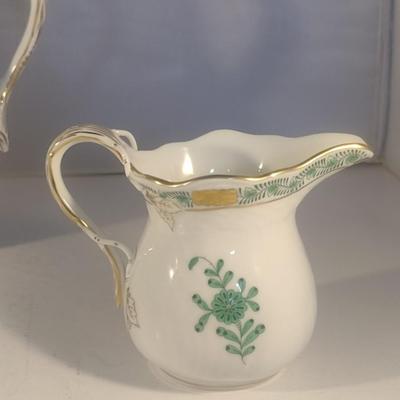 Herend Hand-Painted Porcelain Green Chinese Bouquet Three Piece Tea Set include Teapot, Sugar Bowl and Creamer