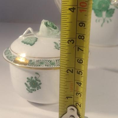 Herend Hand-Painted Porcelain Green Chinese Bouquet Three Piece Tea Set include Teapot, Sugar Bowl and Creamer