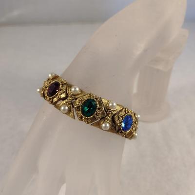 Vintage Gold Tone and Multi-Stone Panel Link Bracelet with Pearl Bead Accents (#8)
