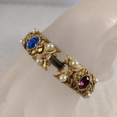 Vintage Gold Tone and Multi-Stone Panel Link Bracelet with Pearl Bead Accents (#8)
