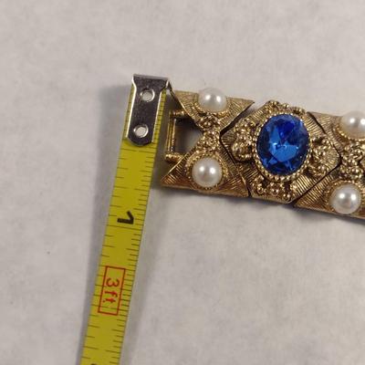 Vintage Gold Tone and Multi-Stone Panel Link Bracelet with Pearl Bead Accents (#8)