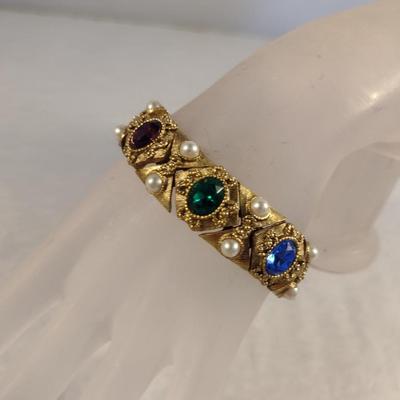 Vintage Gold Tone and Multi-Stone Panel Link Bracelet with Pearl Bead Accents (#8)