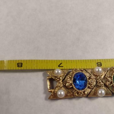 Vintage Gold Tone and Multi-Stone Panel Link Bracelet with Pearl Bead Accents (#8)