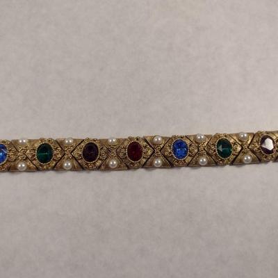 Vintage Gold Tone and Multi-Stone Panel Link Bracelet with Pearl Bead Accents (#8)