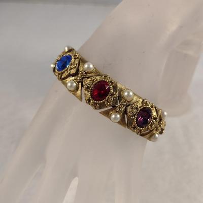 Vintage Gold Tone and Multi-Stone Panel Link Bracelet with Pearl Bead Accents (#8)
