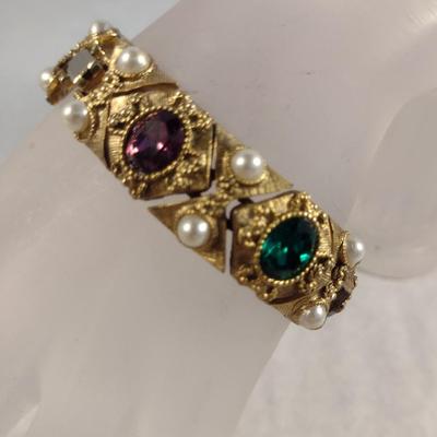 Vintage Gold Tone and Multi-Stone Panel Link Bracelet with Pearl Bead Accents (#8)