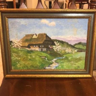 Vintage Oil on Artist Board by RI â€œTypical Black Forest House â€œFrame Size 12.5â€ x 16.5â€ in Good Condition.