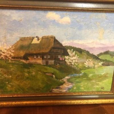 Vintage Oil on Artist Board by RI â€œTypical Black Forest House â€œFrame Size 12.5â€ x 16.5â€ in Good Condition.