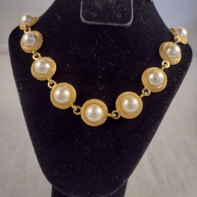 Vintage Napier Gold Tone and Faux Pearl Matching Bracelet and Necklace Set (#13)