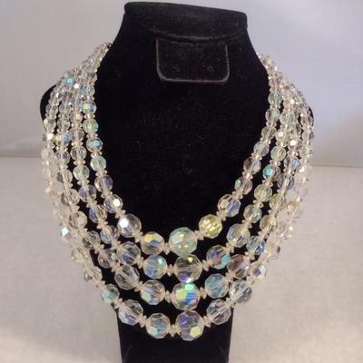 Vintage Aurora Borealis Four Strand Faceted Crystal Bead Necklace (#14)