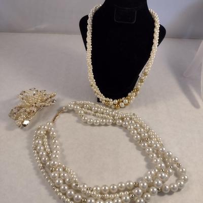 Mid Century Multi-Strand Faux Pearl Drape Necklaces and Hair Barrette (#15)