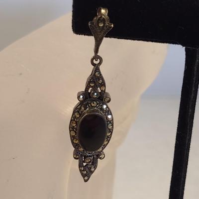 Vintage Marcasite Black Onyx Sterling Silver .925 Bracelet and Earring Set (#21)