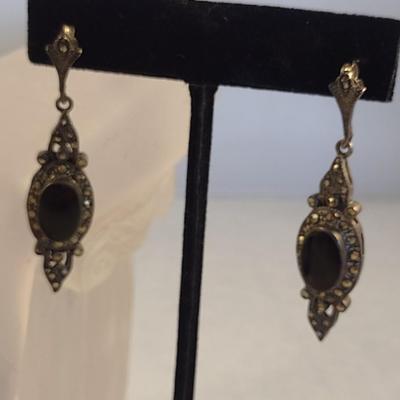 Vintage Marcasite Black Onyx Sterling Silver .925 Bracelet and Earring Set (#21)
