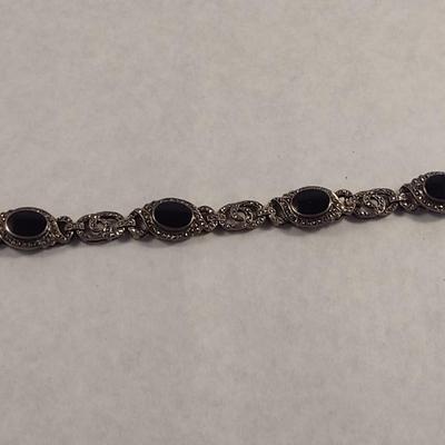 Vintage Marcasite Black Onyx Sterling Silver .925 Bracelet and Earring Set (#21)