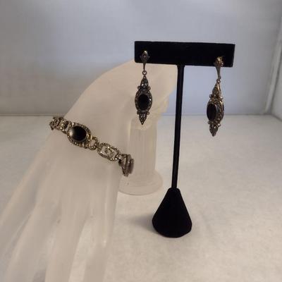 Vintage Marcasite Black Onyx Sterling Silver .925 Bracelet and Earring Set (#21)